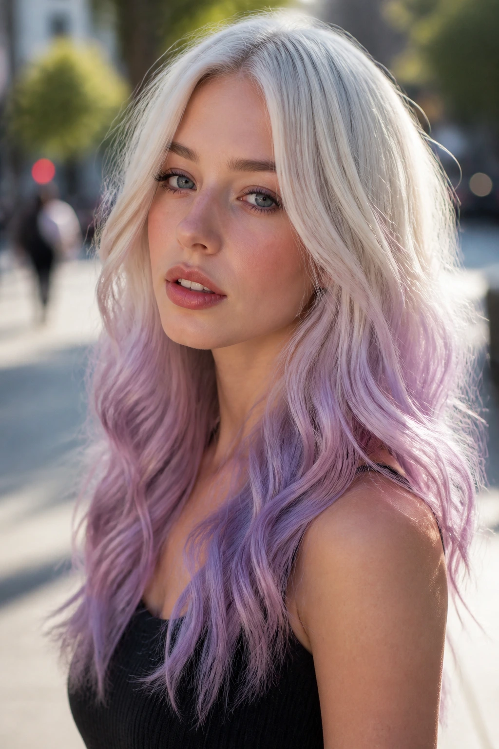 Close-up of platinum-to-lavender ombré hair on a real person outdoors.