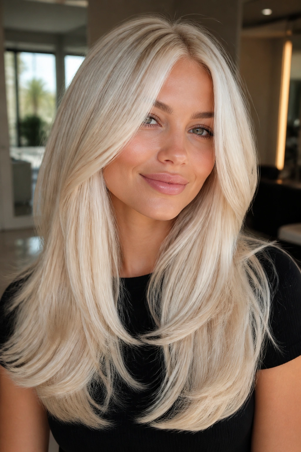 Close-up portrait of a woman with glossy platinum layers and a sleek blowout