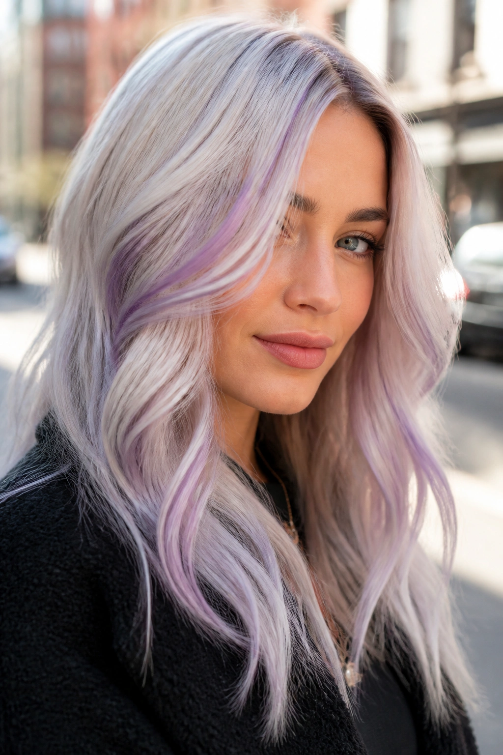 Real person with platinum Lilac balayage in soft waves outdoors.