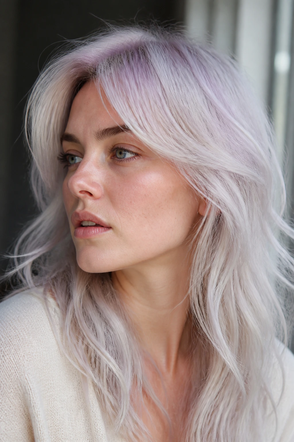 Close-up of real person with platinum lilac veil hair under natural window light