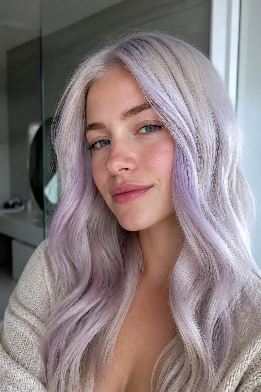Portrait of a person with platinum hair and sheer lilac wash