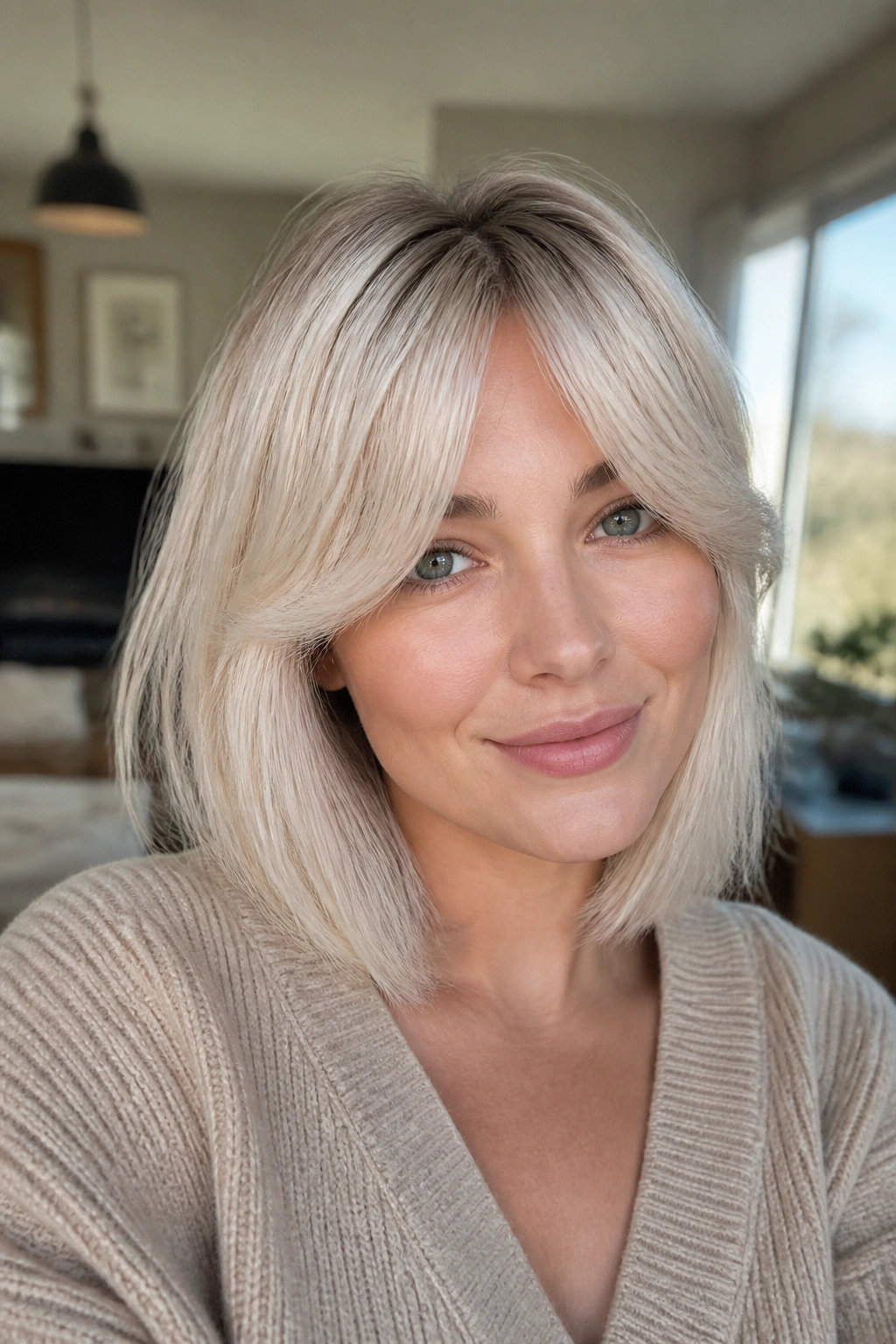 Close-up of a real woman with platinum lob and curtain bangs