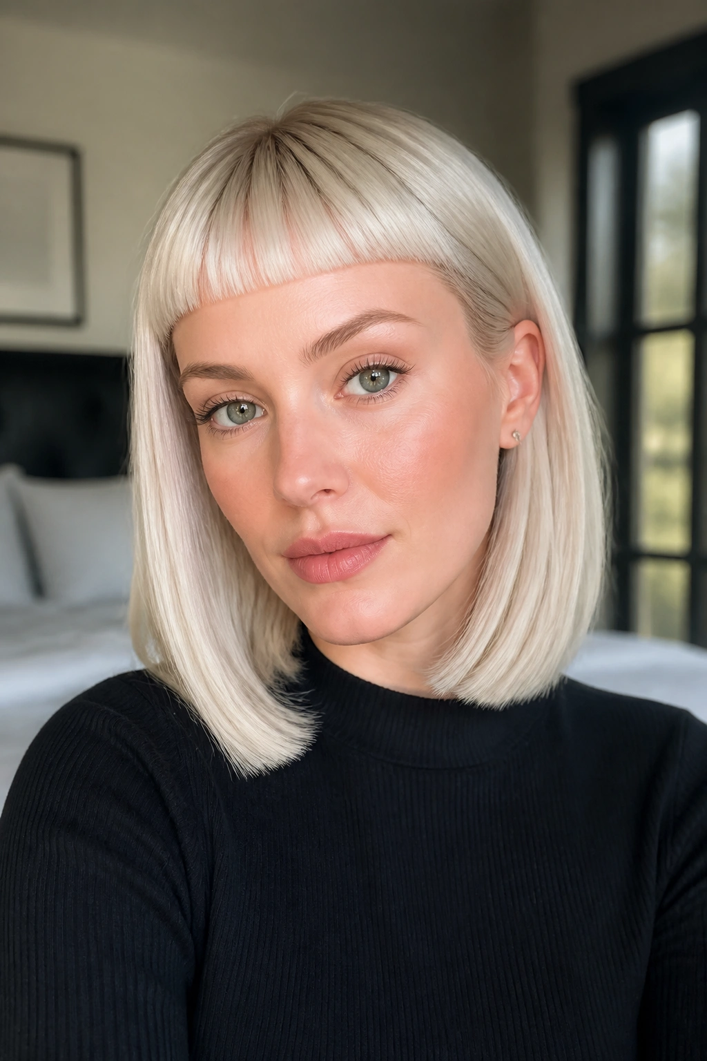 Close-up portrait of a woman with blunt micro fringe and sleek platinum lob.