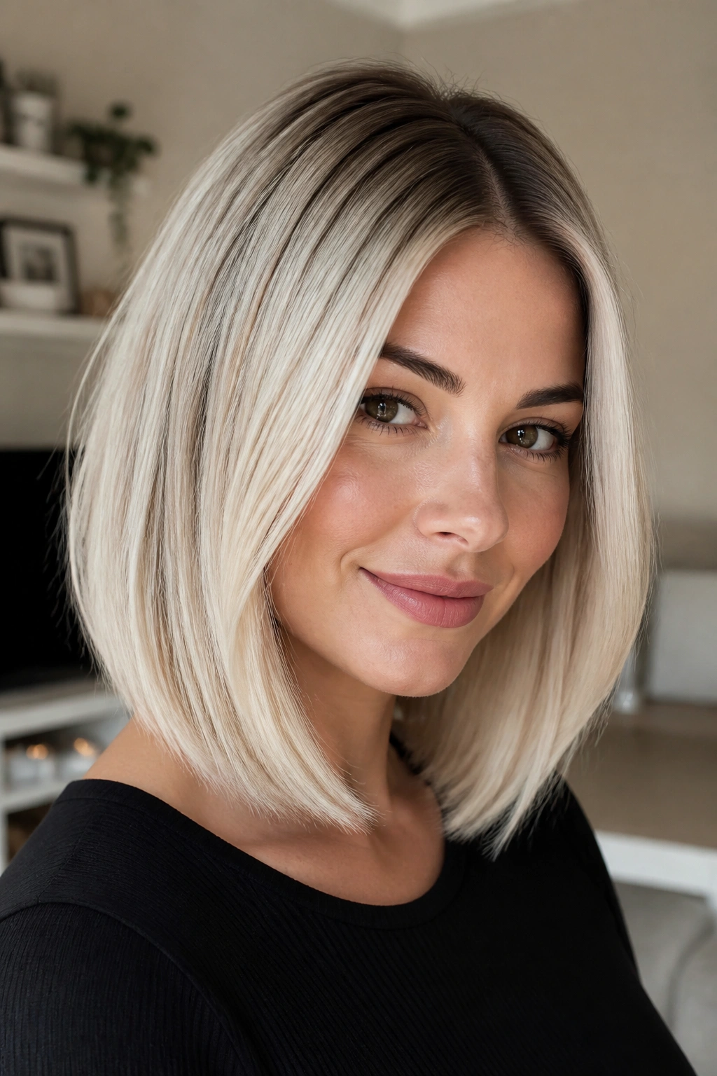 Close-up of a woman with a platinum lob and root shadow in a chic indoor setting