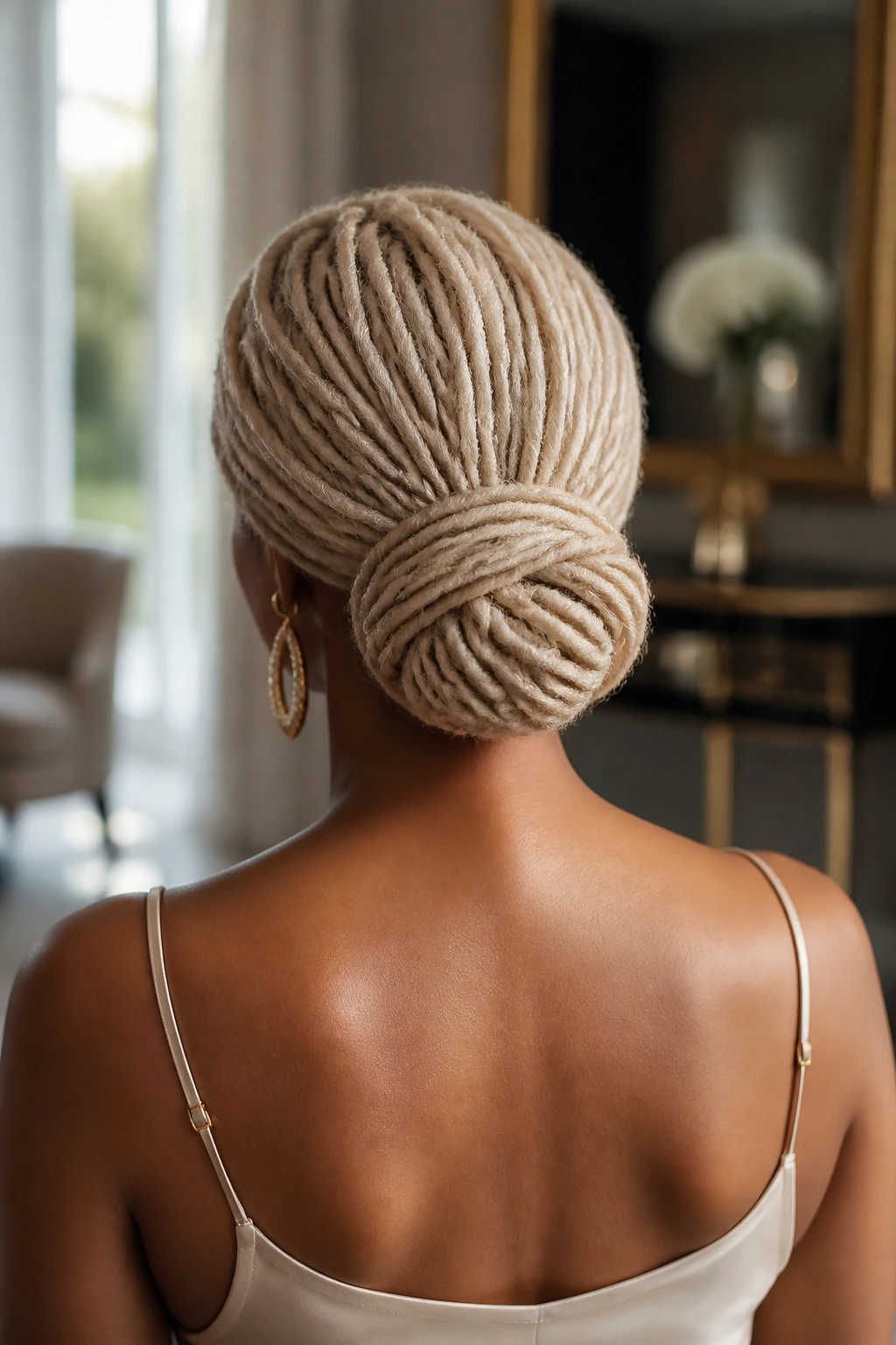 Back view of a real woman with platinum locs in a sleek low bun