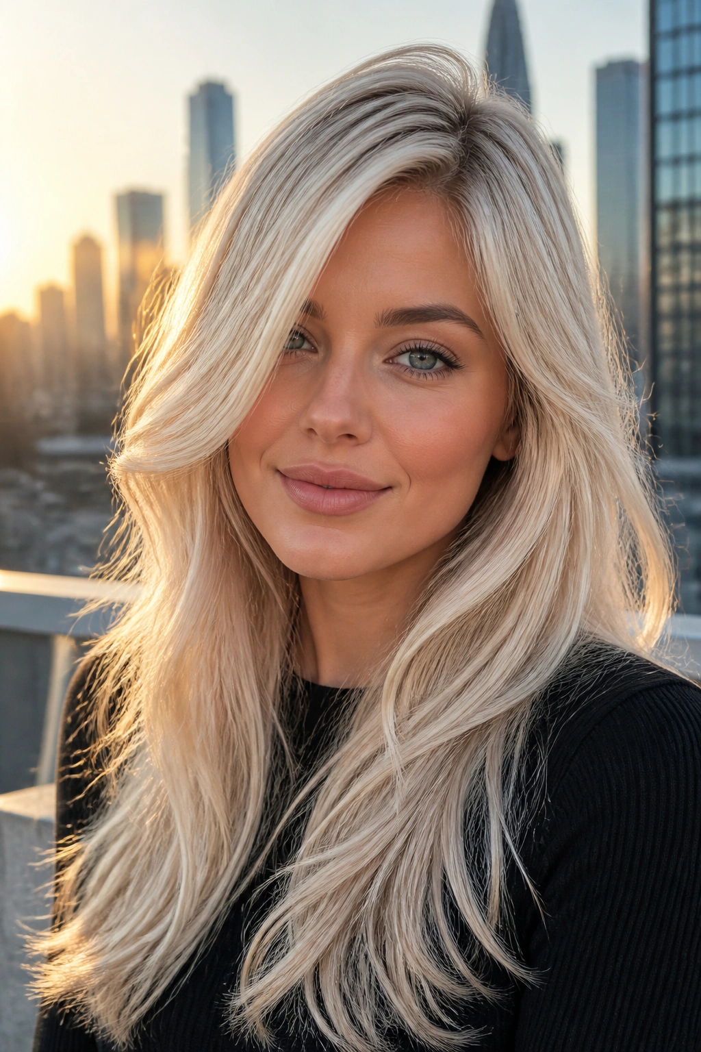 Close-up of a real woman with platinum long layered blonde hair in golden hour rooftop light