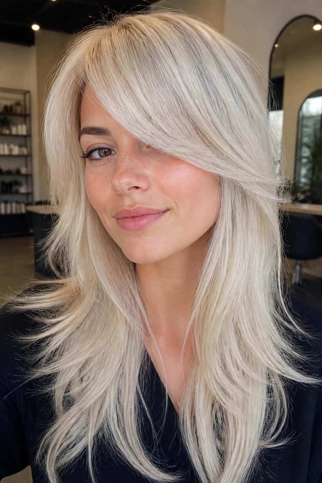 Close-up of a real woman with long layered platinum hair and a swoopy fringe