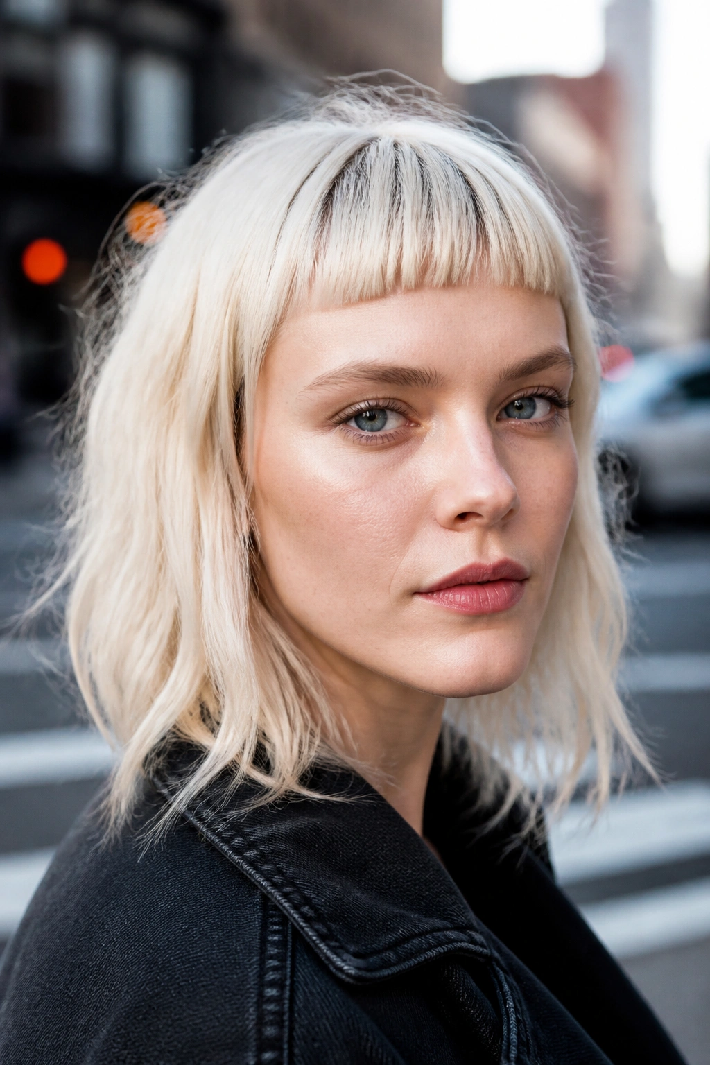 Close-up portrait of a real woman with micro fringe sharp edge in platinum hair.