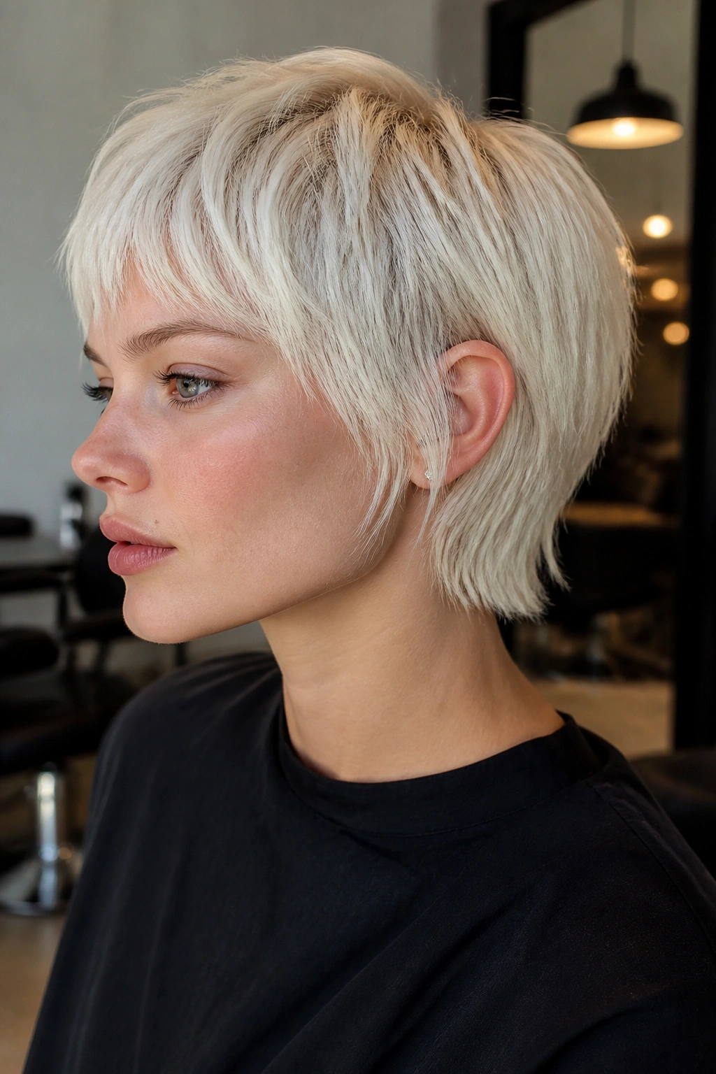 Close-up portrait of a real person with platinum micro-shag