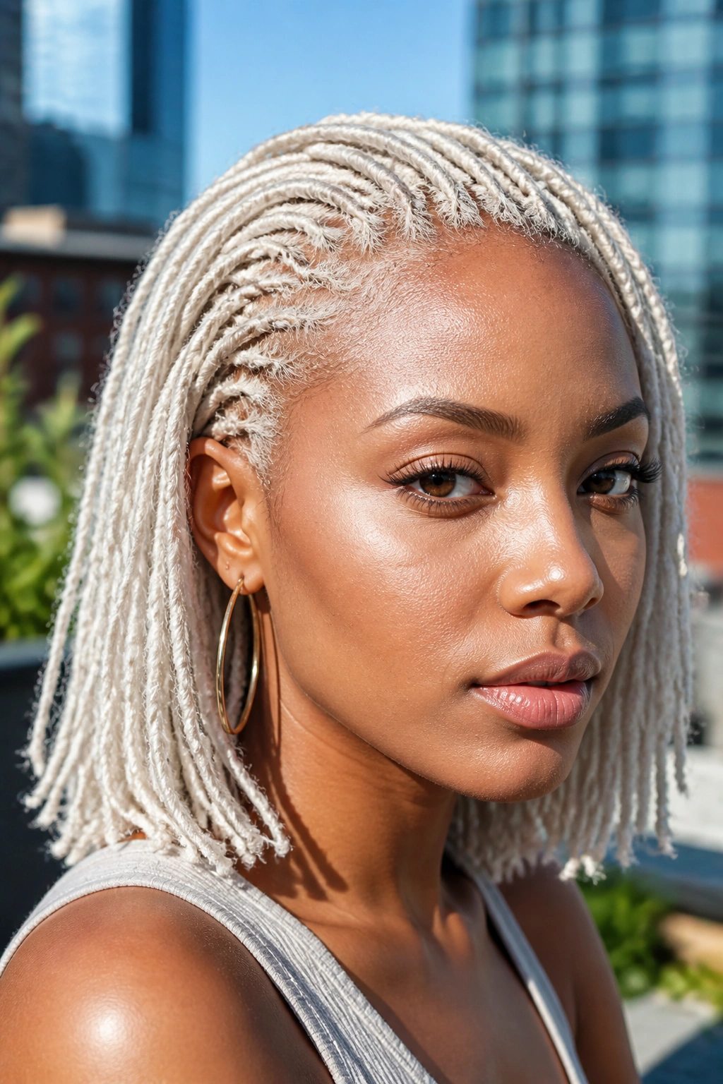 Close-up of a real person with platinum microlocs in bright daylight