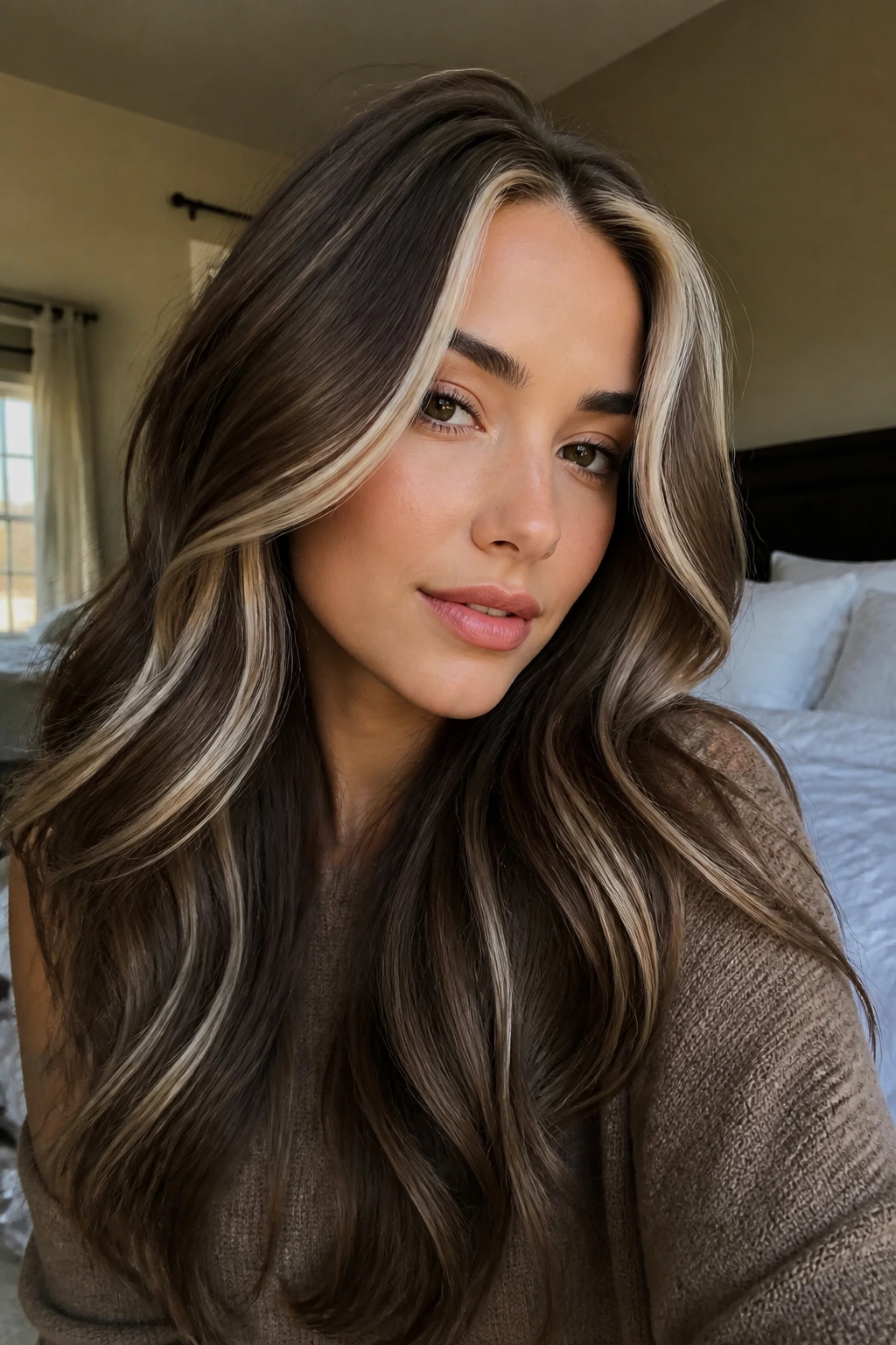 Close-up portrait of a real woman with mocha hair and platinum face-framing streaks