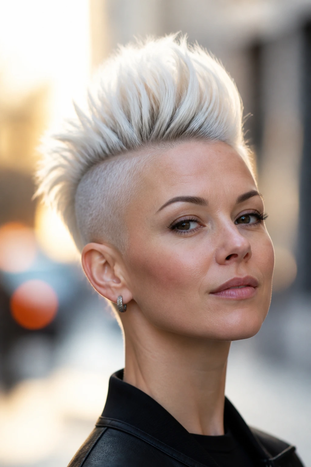 Portrait of a real person with mohawk-inspired platinum pixie.