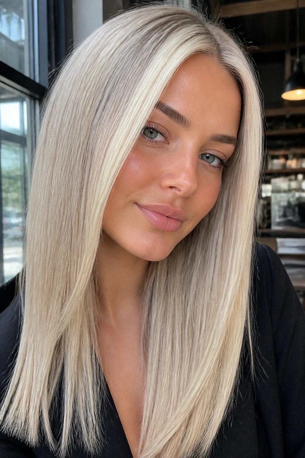 Close-up portrait of a real woman with platinum blonde money piece straight hair