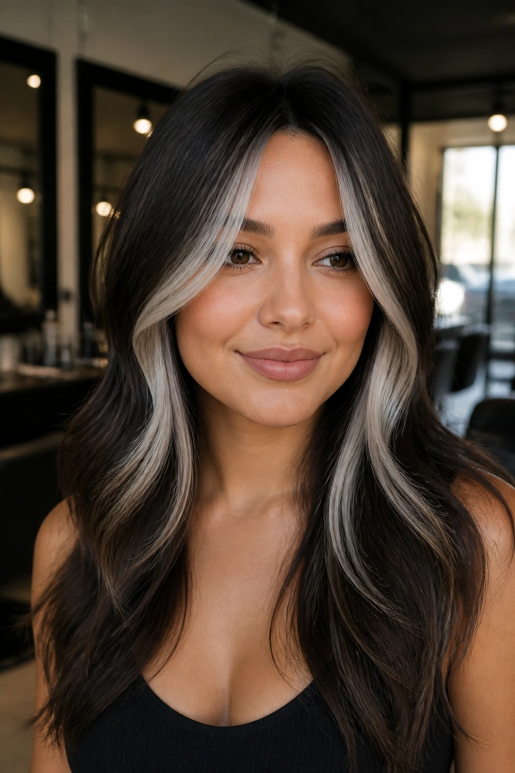 Close-up of real person with slender platinum money piece balayage at cheek.