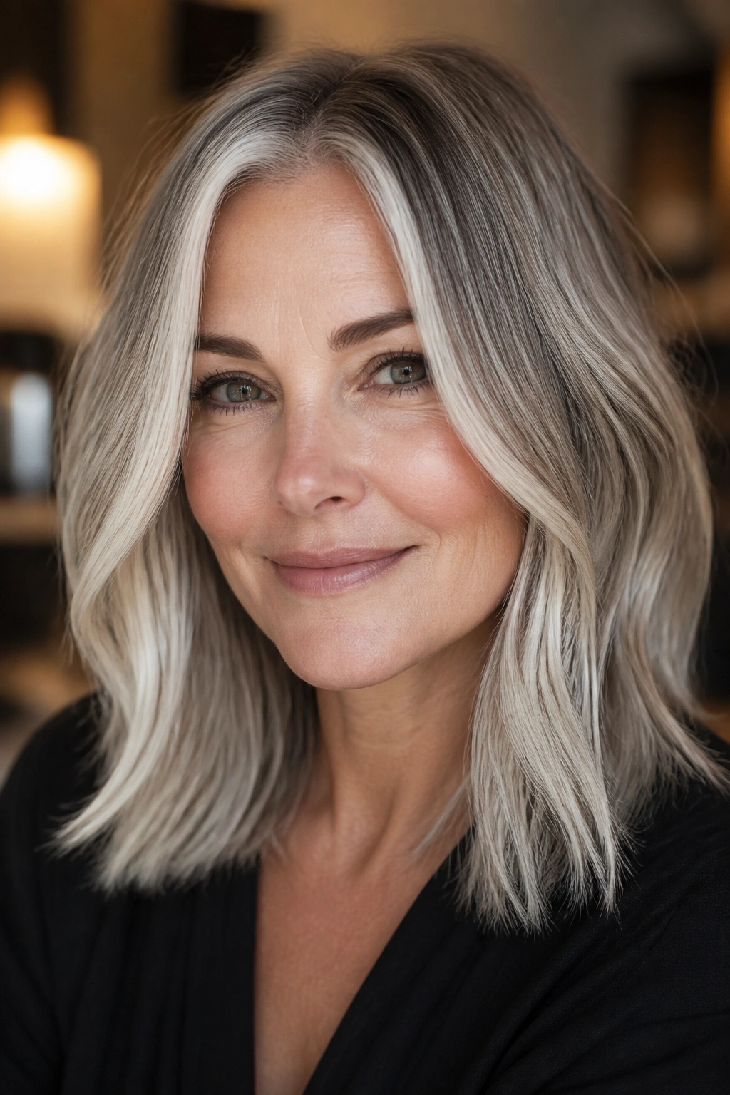 Close-up of a real woman showing a platinum money piece with a dim root shadow around the face.