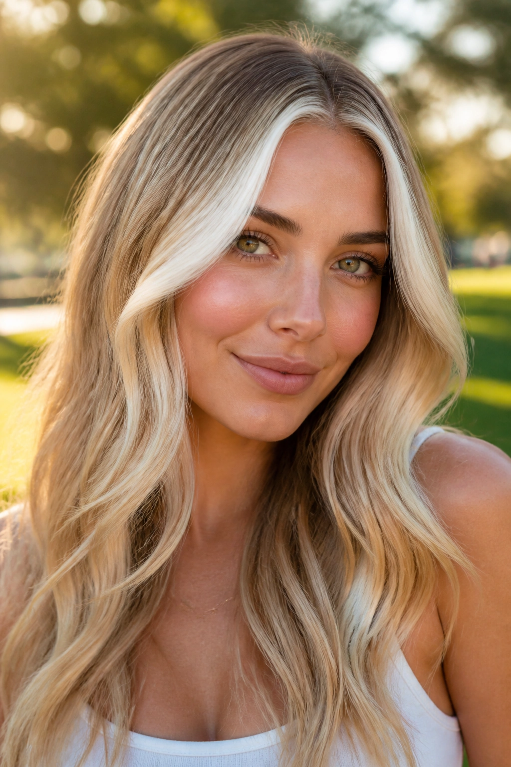 Close-up of a real person with platinum money pieces on a honey blonde base in golden hour light