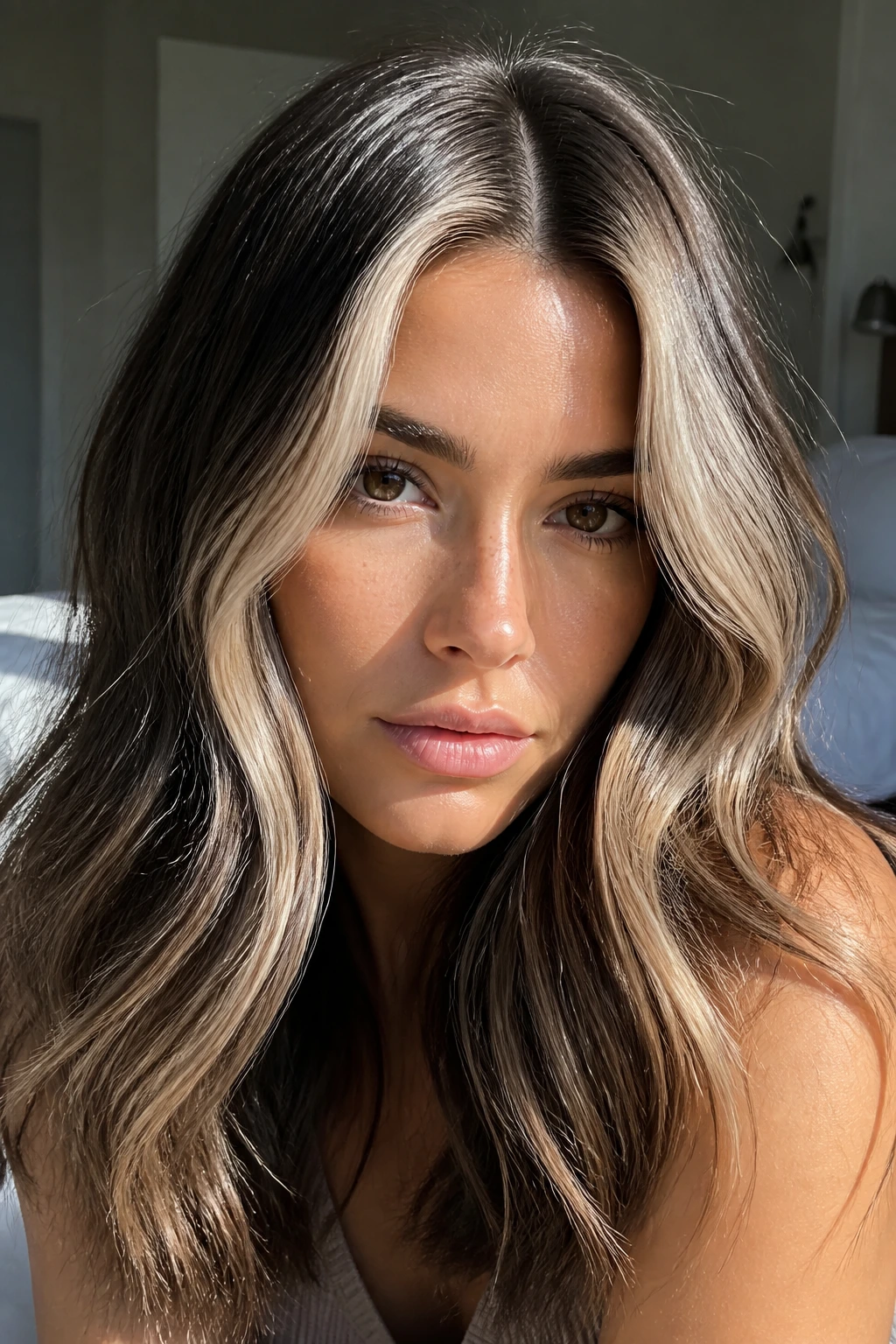 Close-up of a woman with platinum money-piece balayage framing her face.