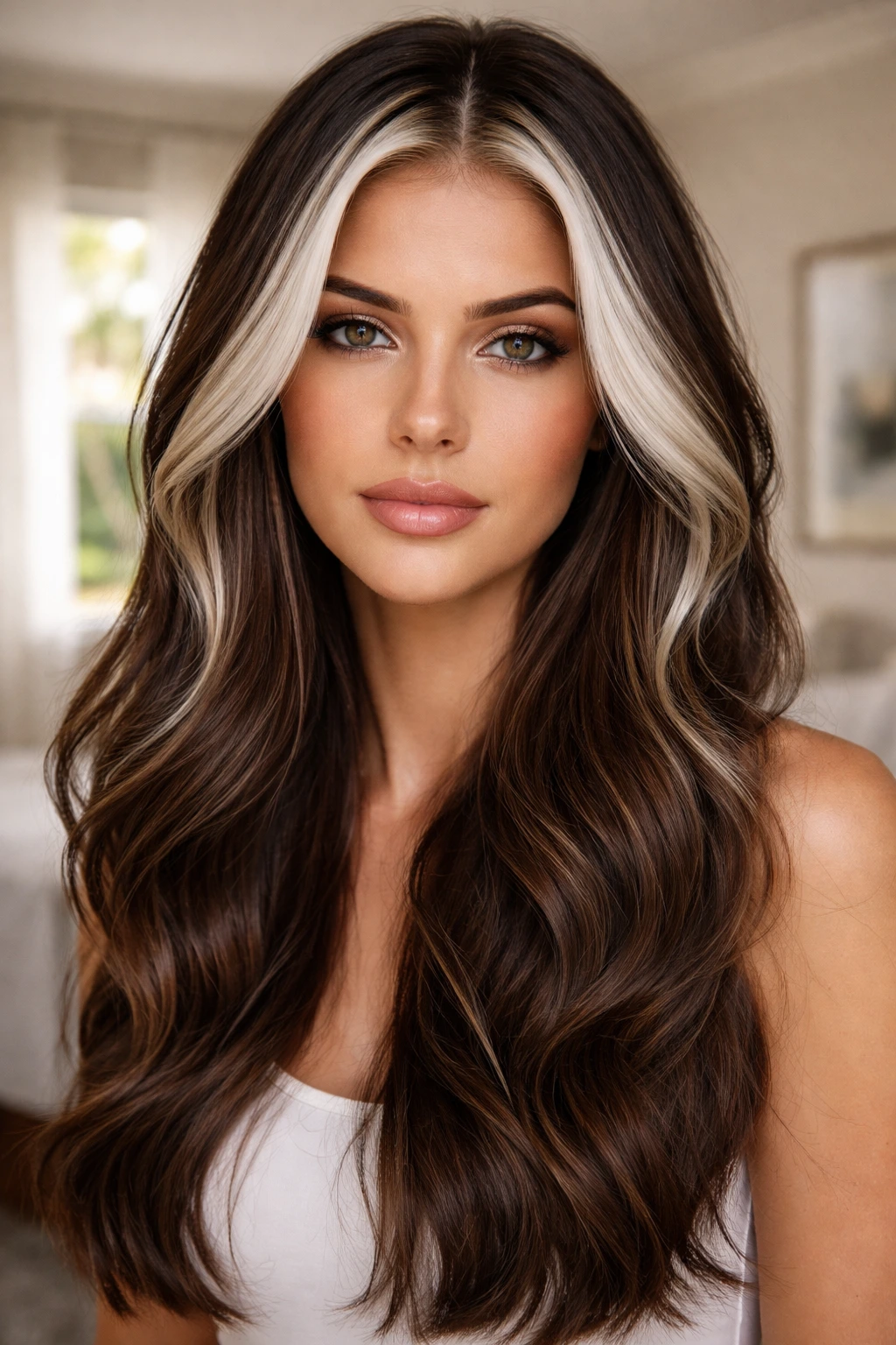 Close-up of a real woman showing platinum face-framing money pieces against brunette hair in natural window light.