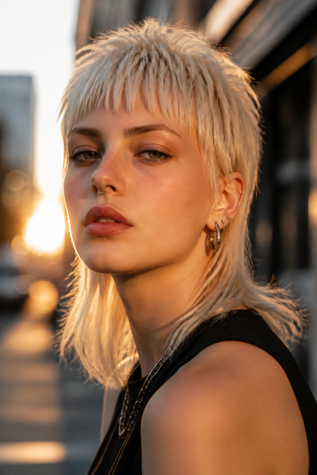Close-up of a real person with platinum mullet and razor-cut fringe on an urban street