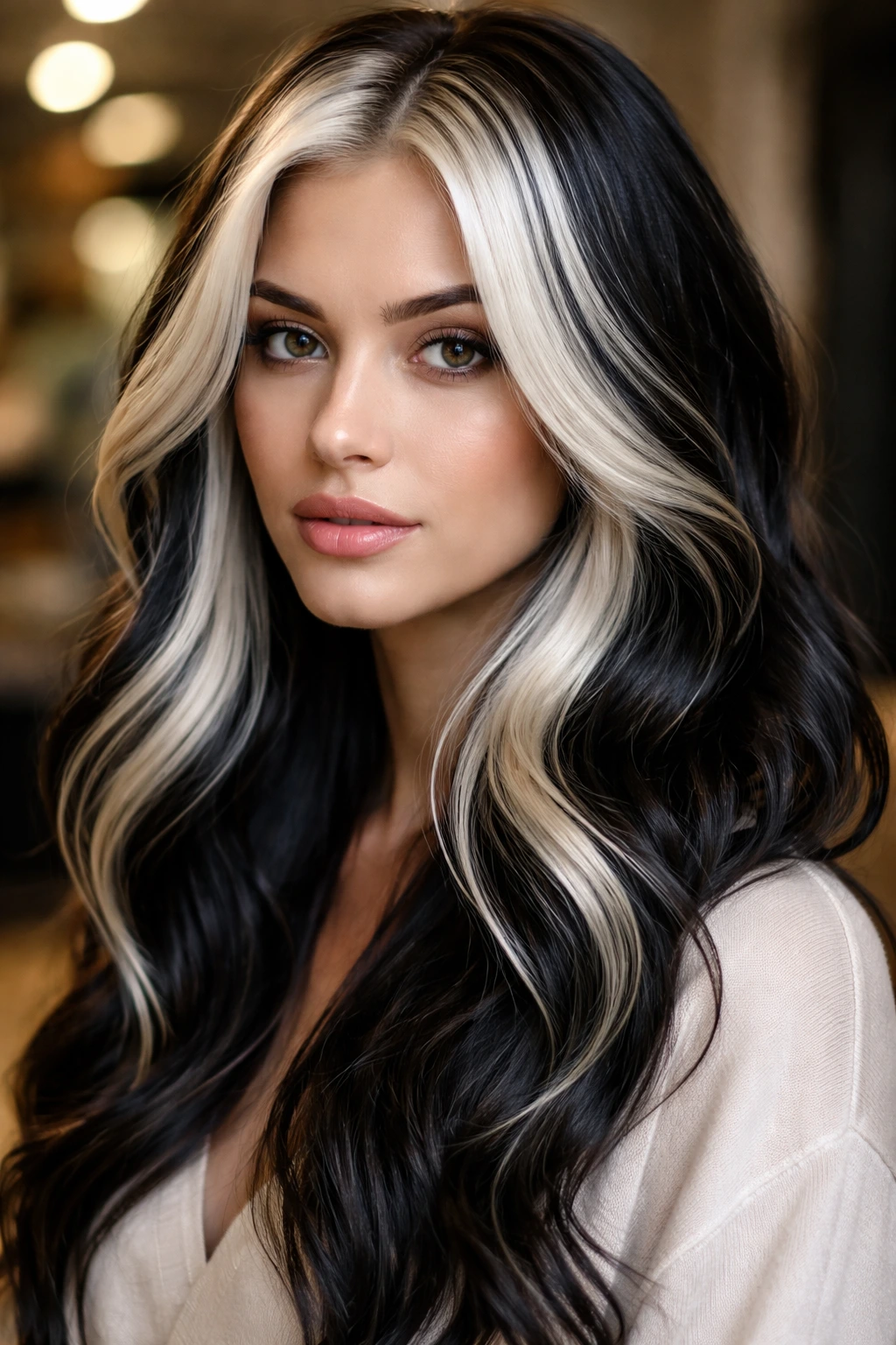 Close-up portrait of a real woman with platinum and obsidian hair in bold contrast