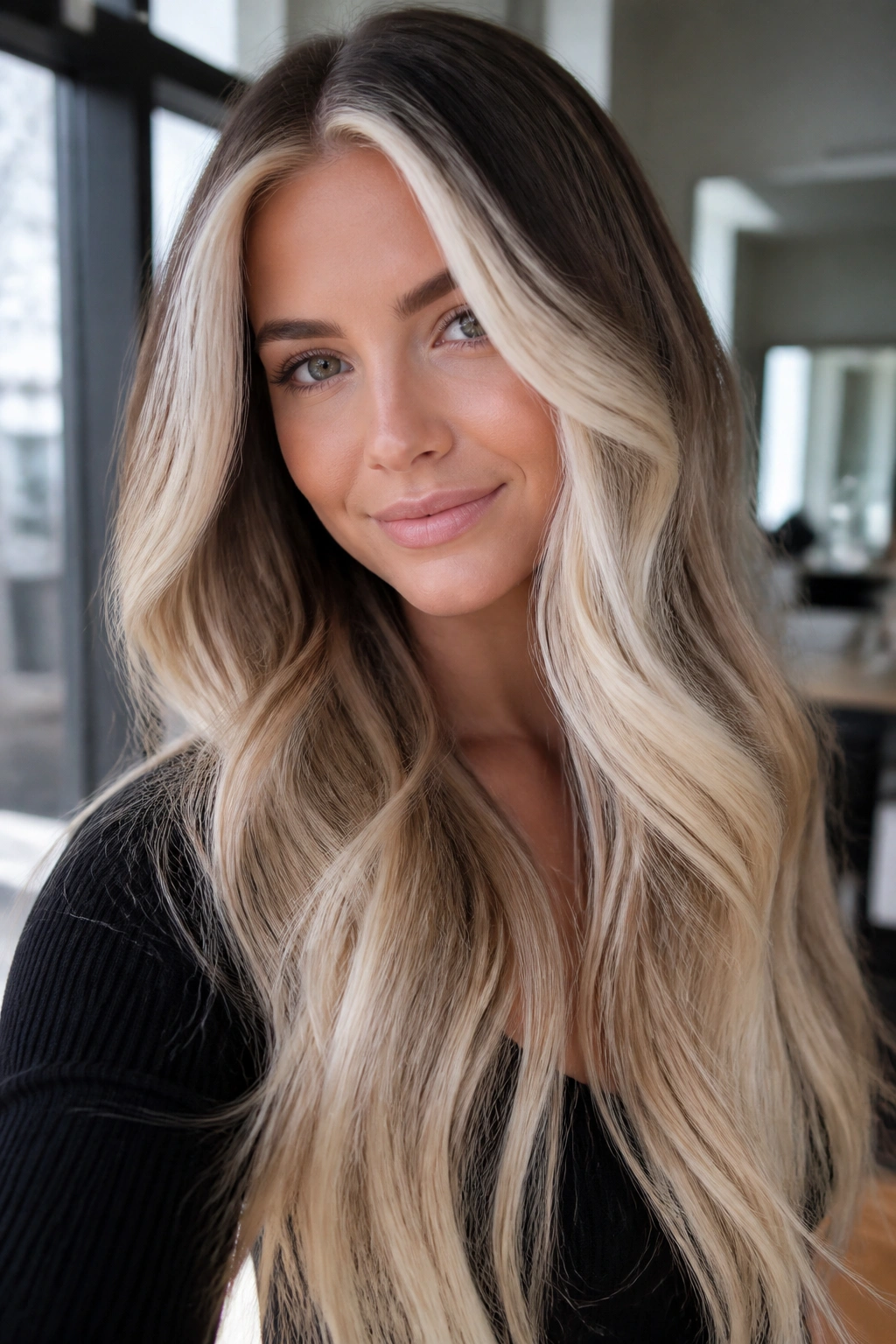 Close-up of platinum face-frame blonde ombre framing the face