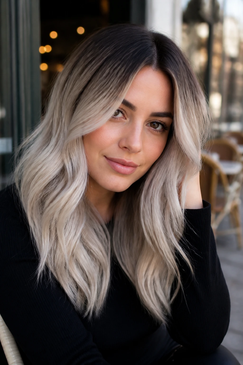 Close-up of platinum ombré showing darker roots fading to icy ends on a real person