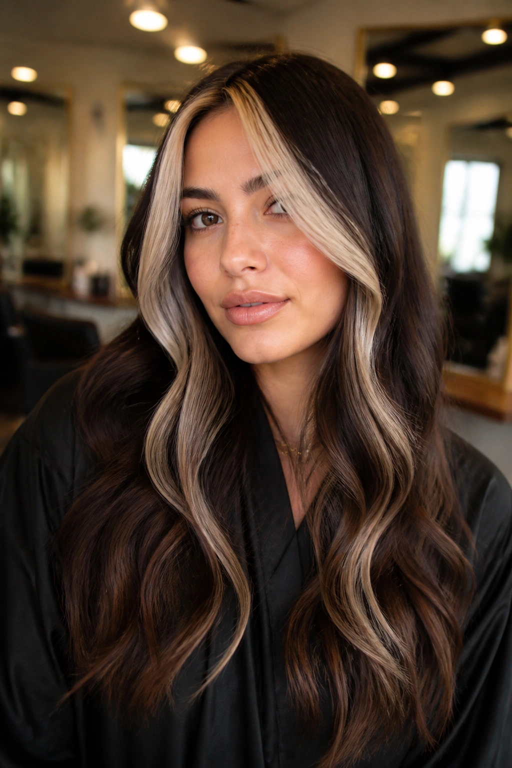 Close-up portrait of a real woman with platinum front panels on brown hair