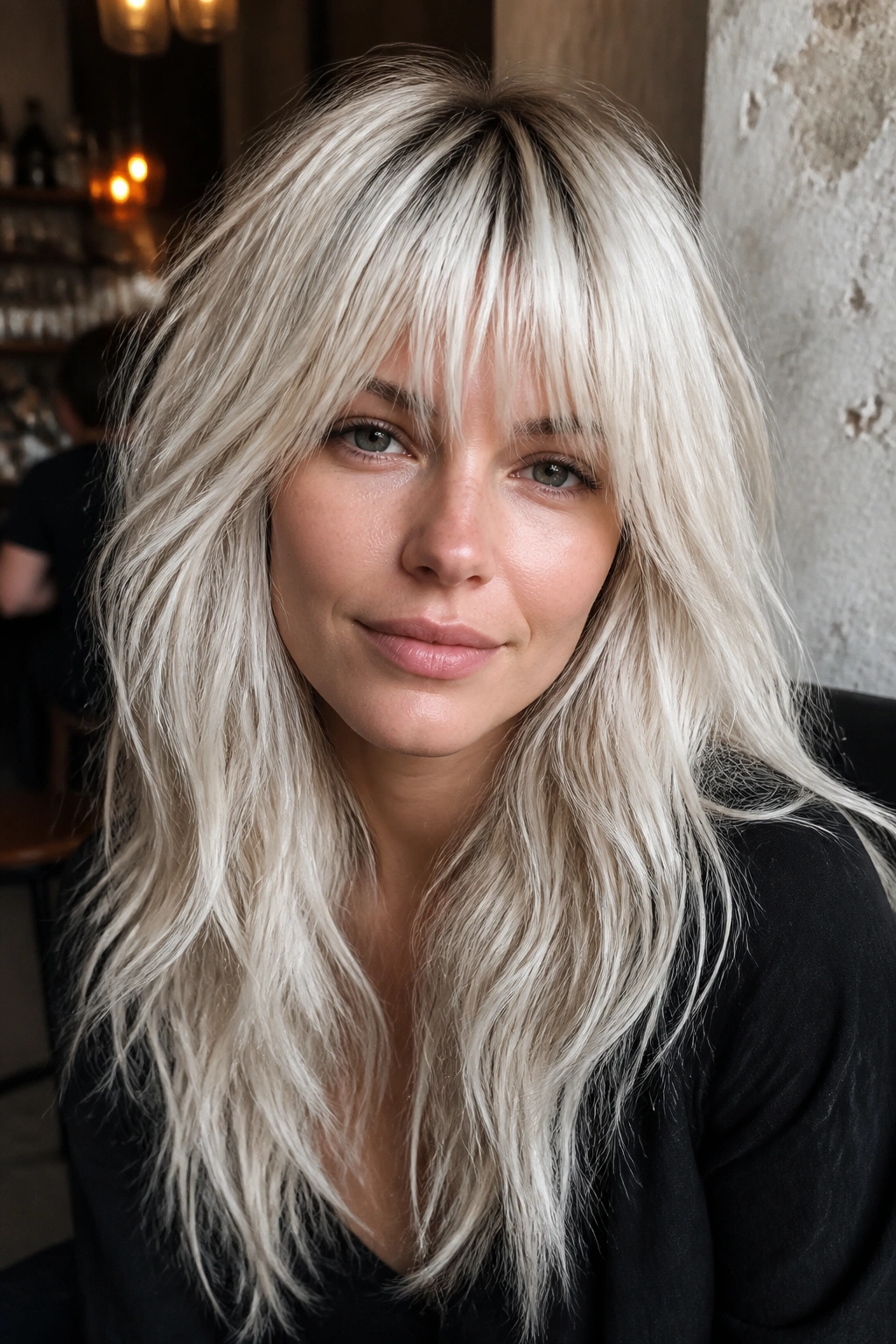 Close-up portrait of a real woman with thick platinum piecey layered bangs showing texture.