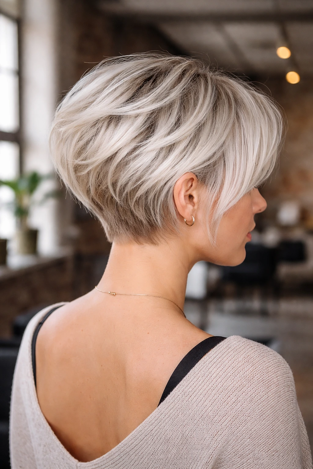 3/4 rear-view of a real woman with platinum pixie-bob hybrid hairstyle in a loft