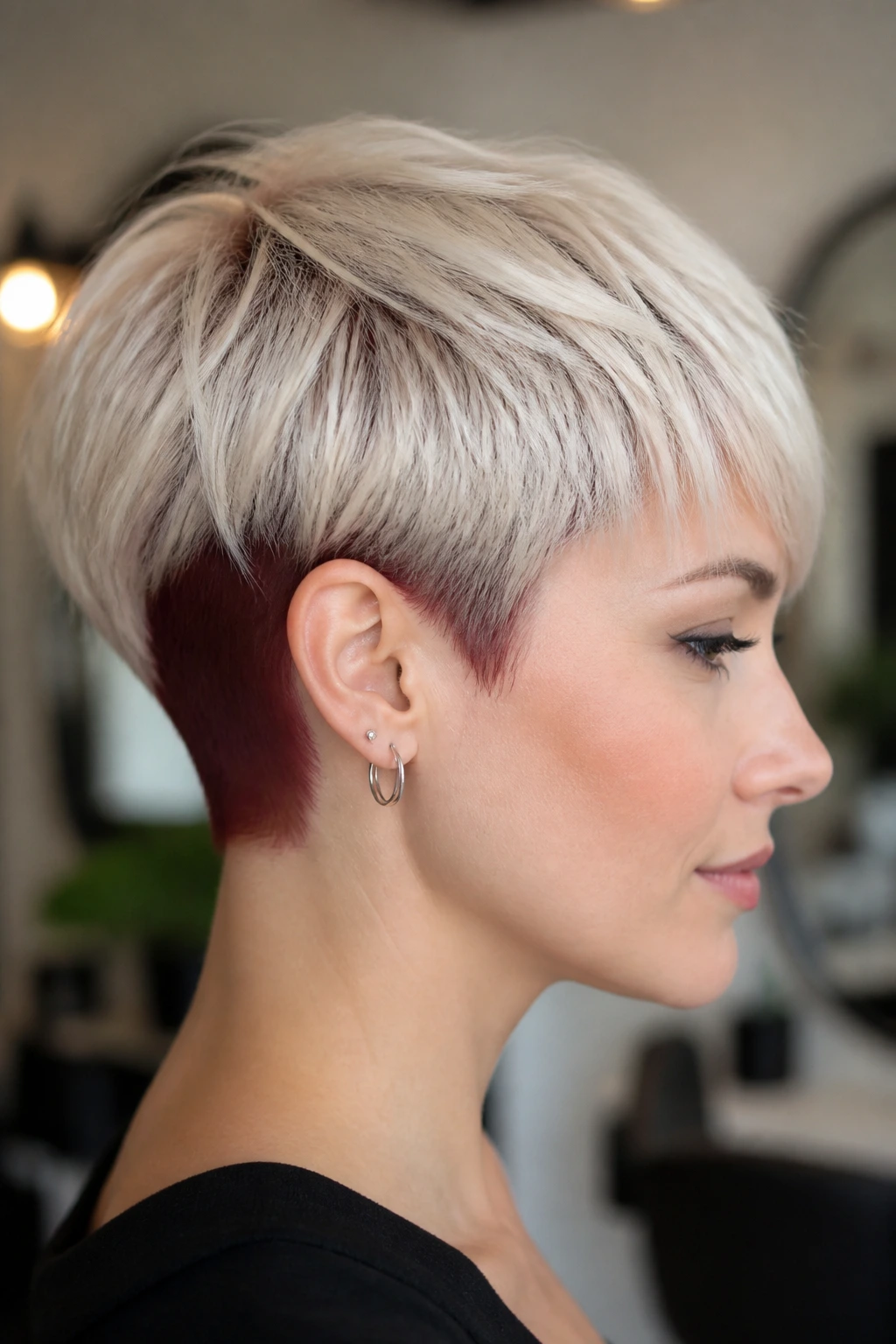 Close-up portrait of a real person with platinum pixie and burgundy nape