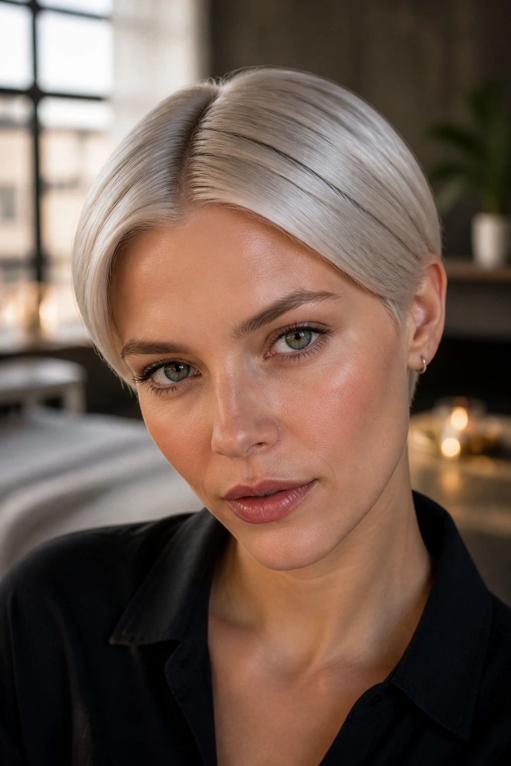 Portrait of a person with sleek center-parted platinum pixie.