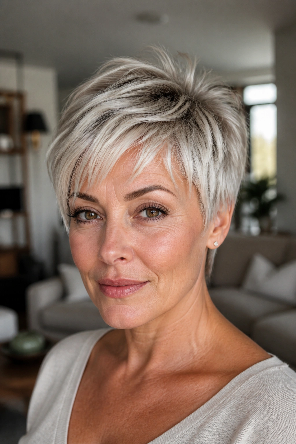 Close-up of a real person with platinum Piece-Y pixie featuring choppy ends and a darker root