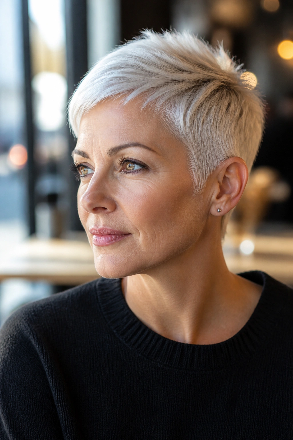 Close-up of a real woman with platinum pixie featuring clean lines and sharp silhouette