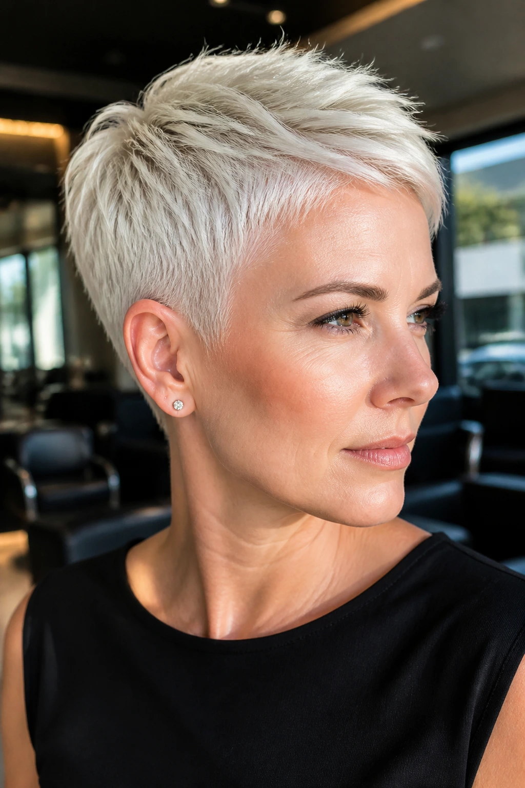 Close-up of a woman with platinum pixie with crisp edges, sharp lines around ears and fringe