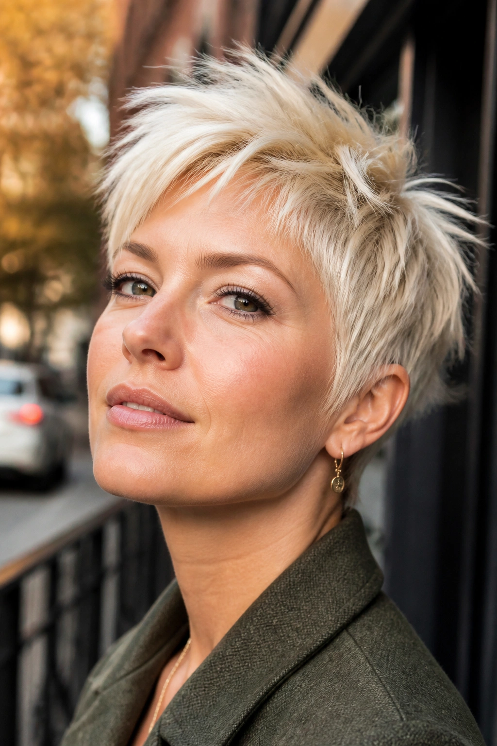 Close-up of a real woman with a choppy platinum pixie and crown lift