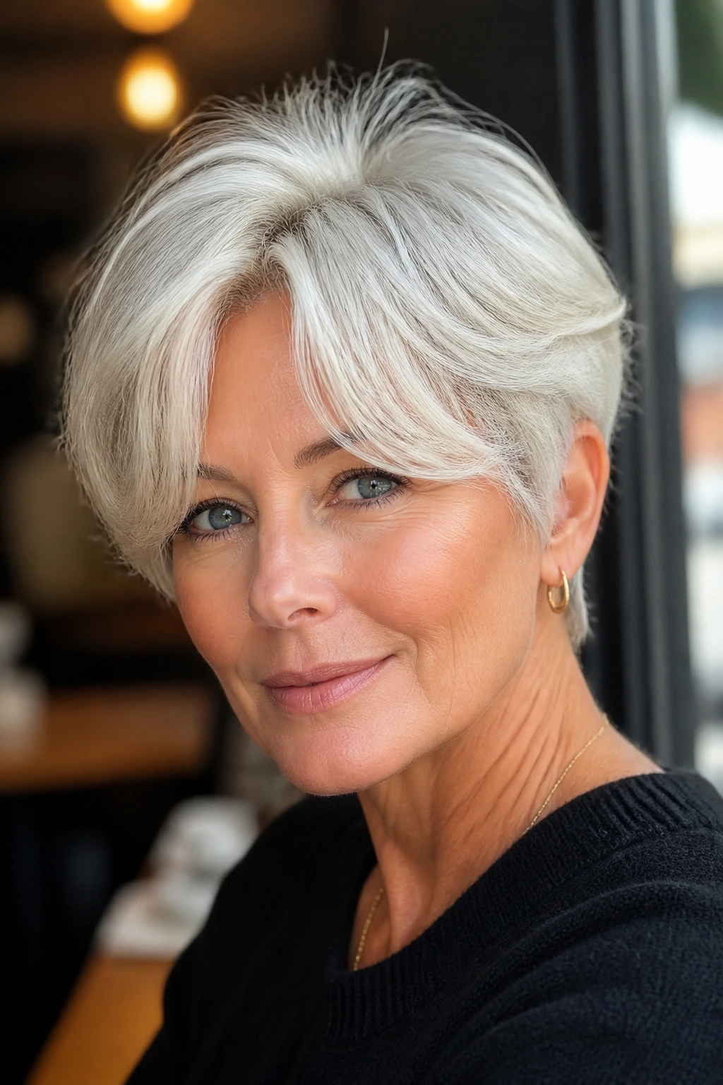 Portrait of a real person with curtain bangs platinum pixie.