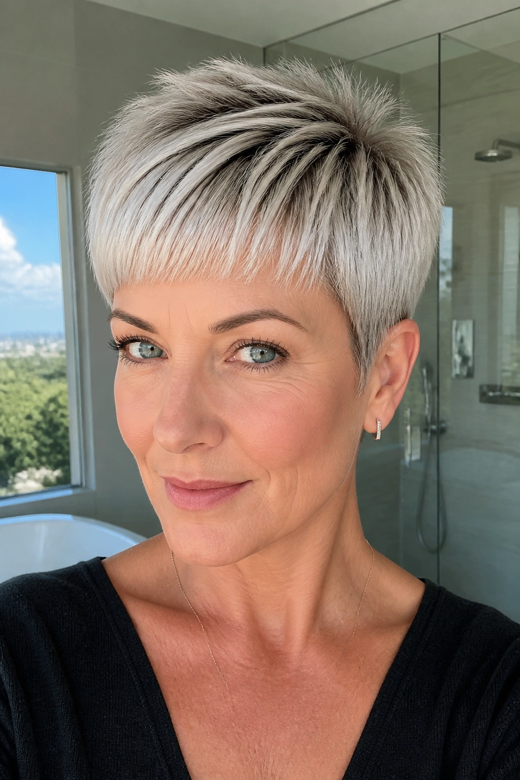 Close-up portrait of a real woman with platinum pixie featuring dark root shadow.