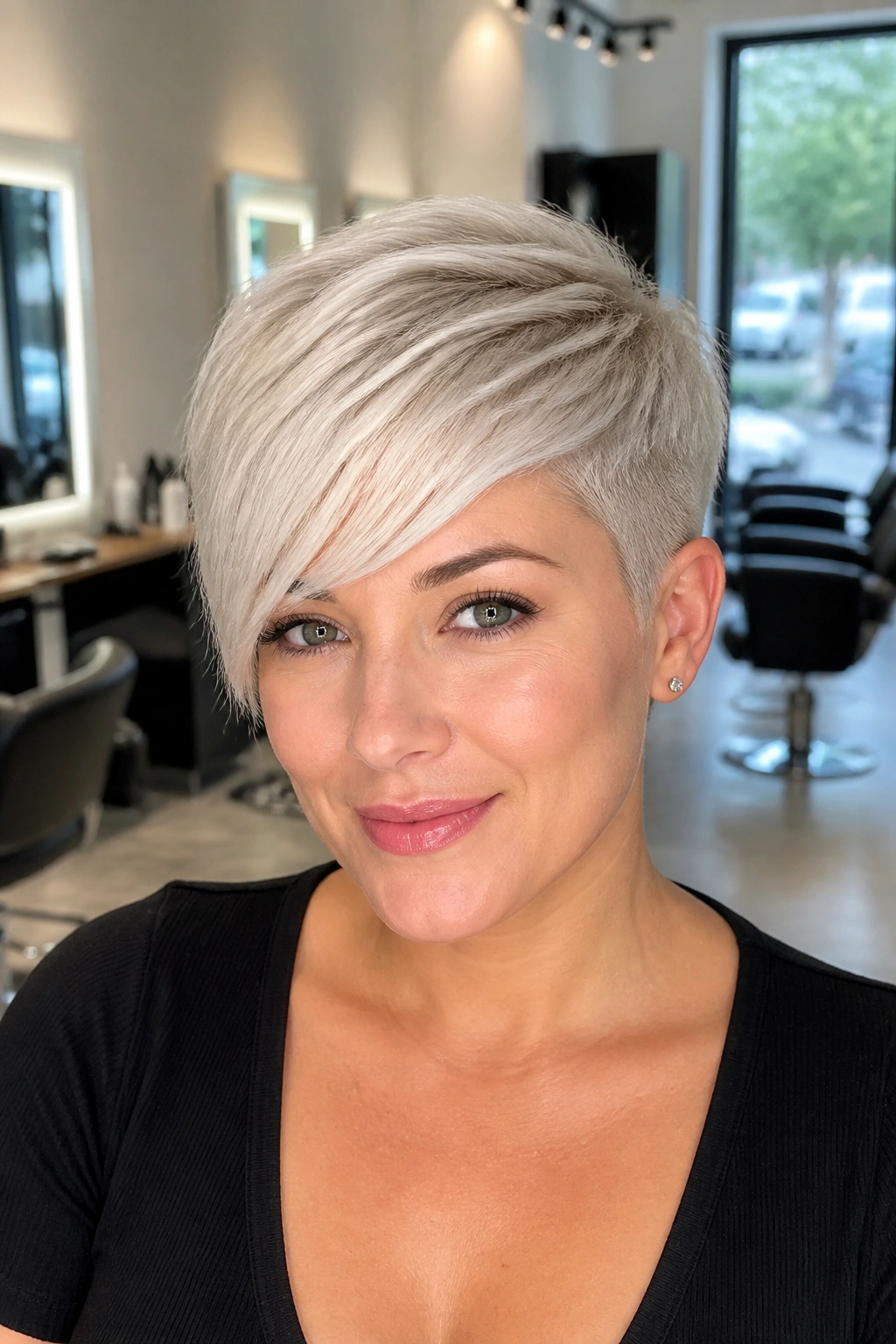 Portrait of a woman with platinum pixie cut and sweeping fringe in a bright salon