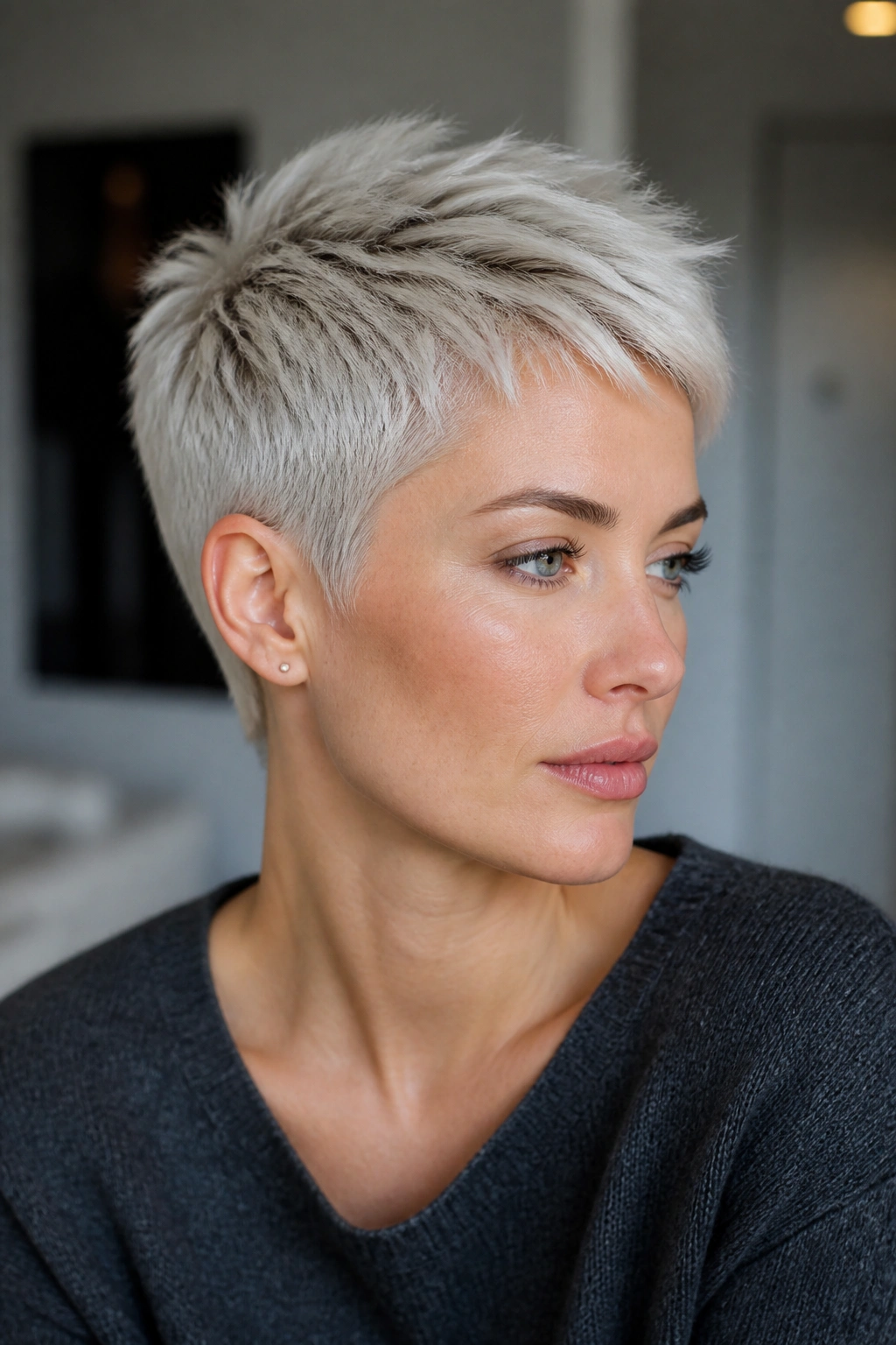 Close-up of a woman with Platinum Pixie and frosted texture on cool-toned hair.