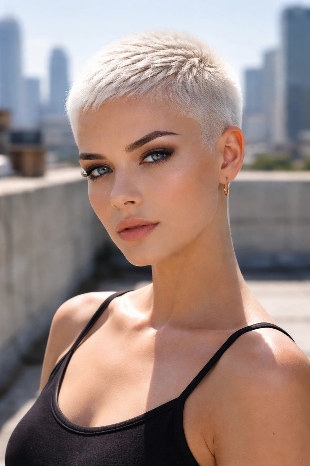 Portrait of a person with platinum buzz-cut pixie on rooftop