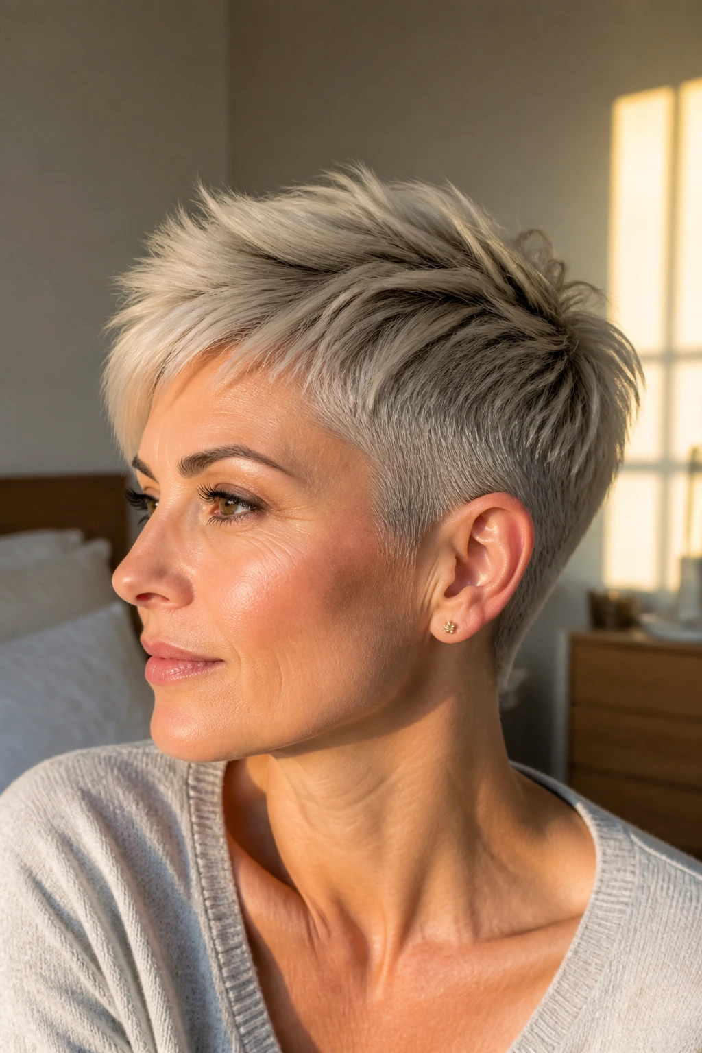 Close-up portrait of a woman with a classic tapered pixie, shaved sides and dense top in warm window light