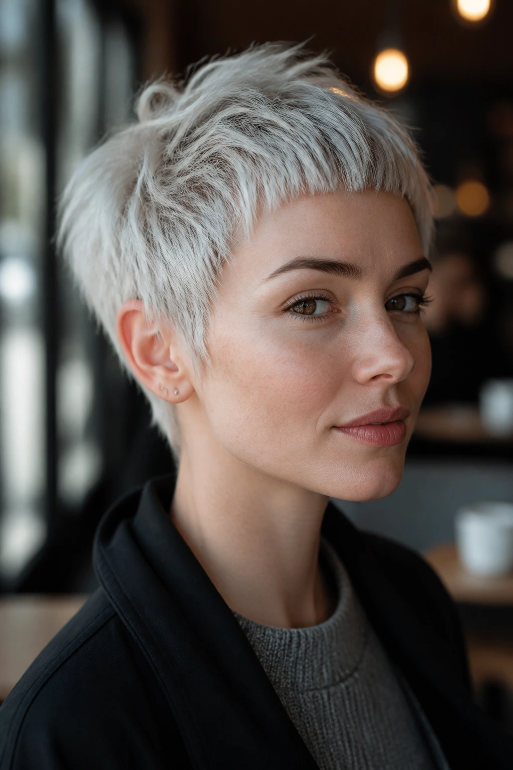 Portrait of platinum textured pixie with baby bangs in a warm cafe setting