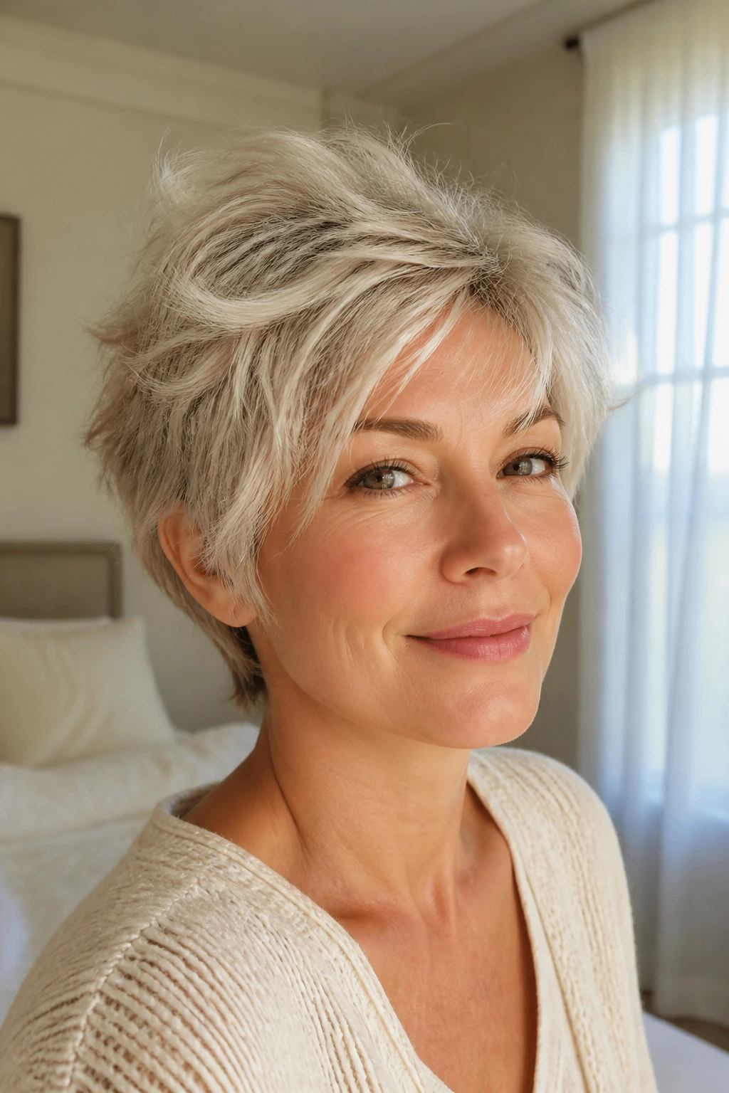 Portrait of woman with wispy layered pixie that adds movement and softness