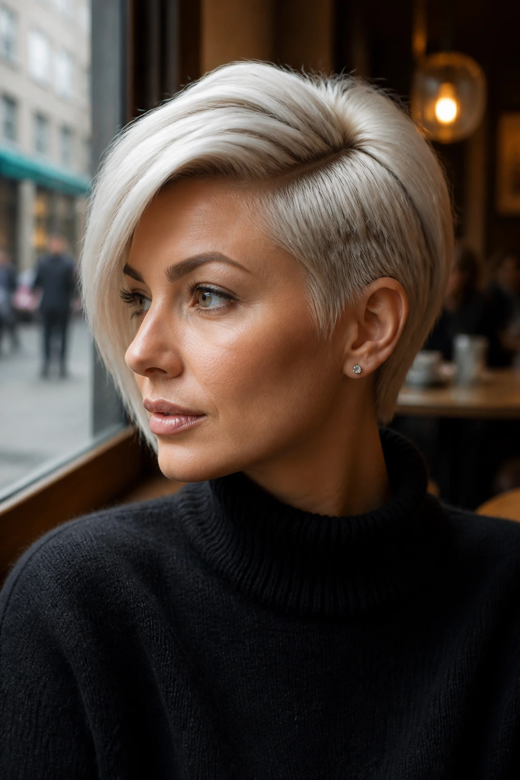 Portrait of platinum asymmetrical pixie with deep side part