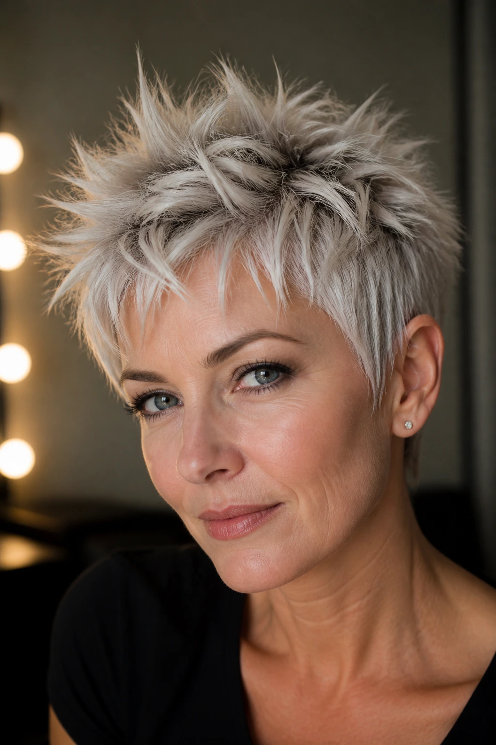 Portrait of platinum spiky choppy pixie with bold, jagged texture
