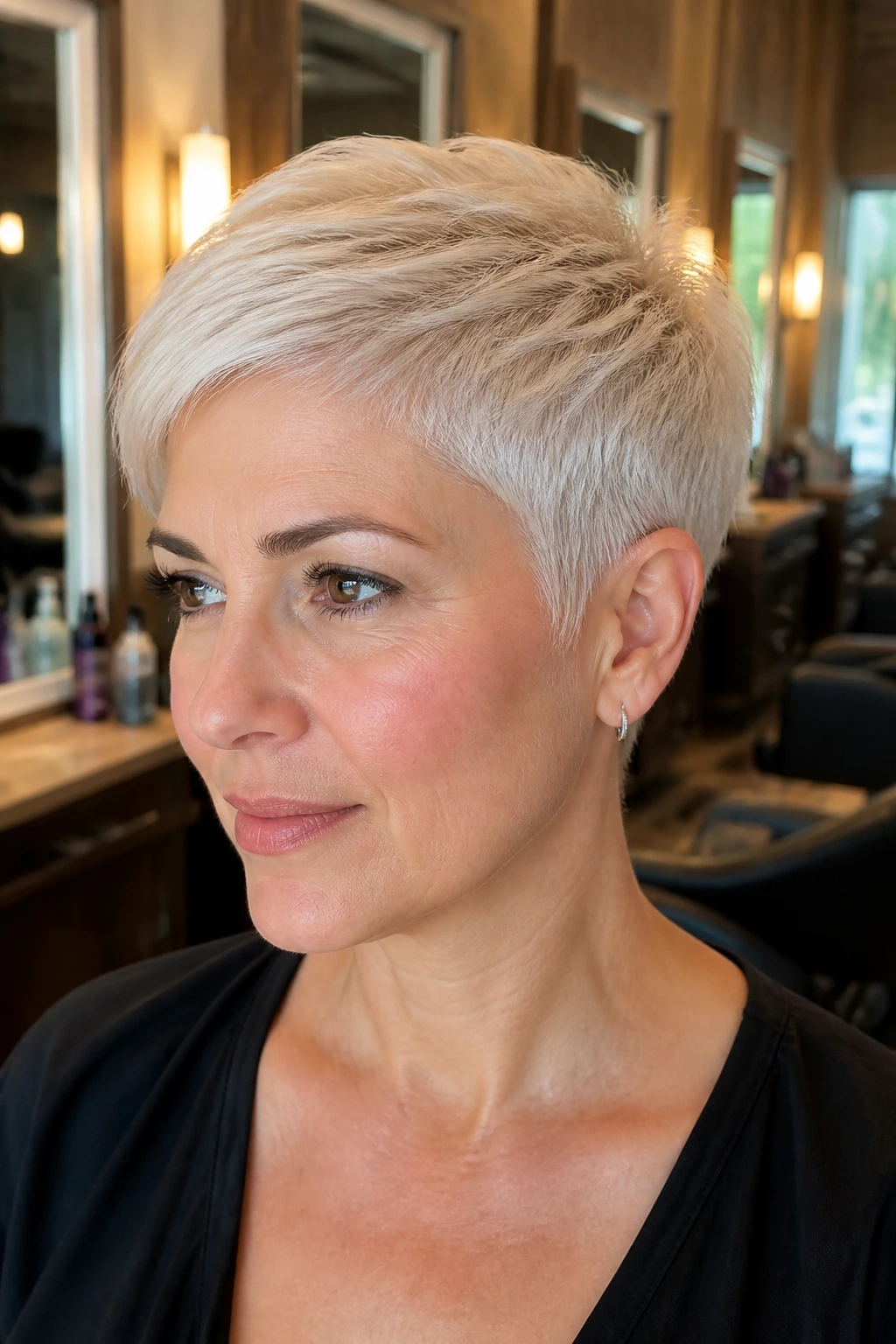 Close-up portrait of a real woman with a platinum cropped pixie in a warm salon lighting