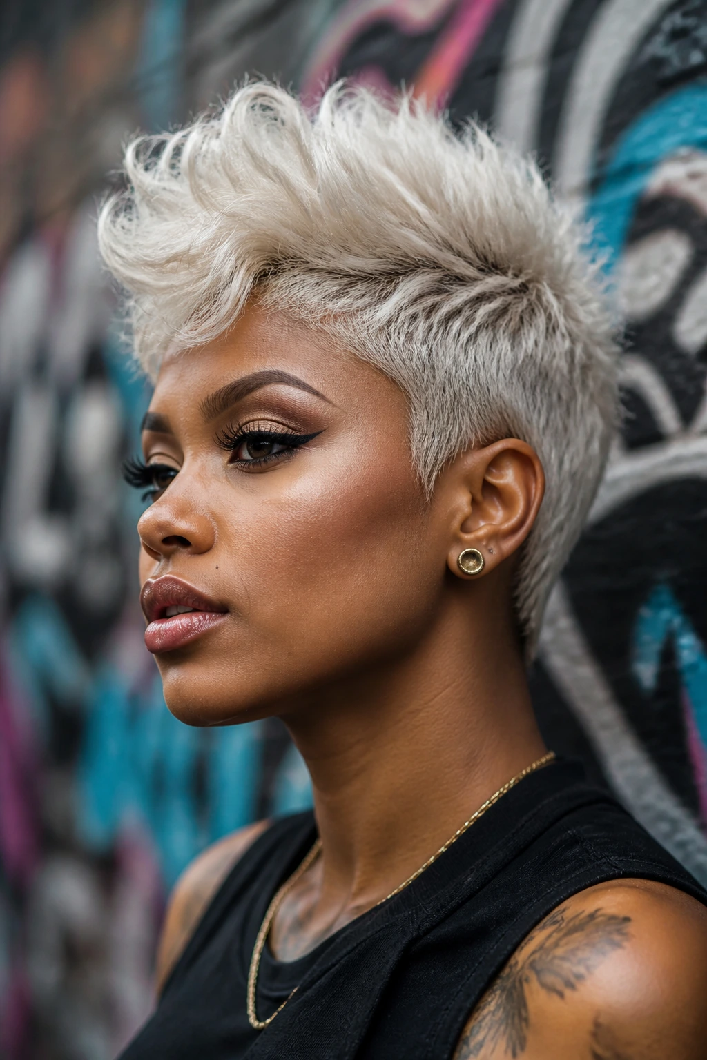 Close-up of platinum pixie Mohawk on a real person against an urban backdrop
