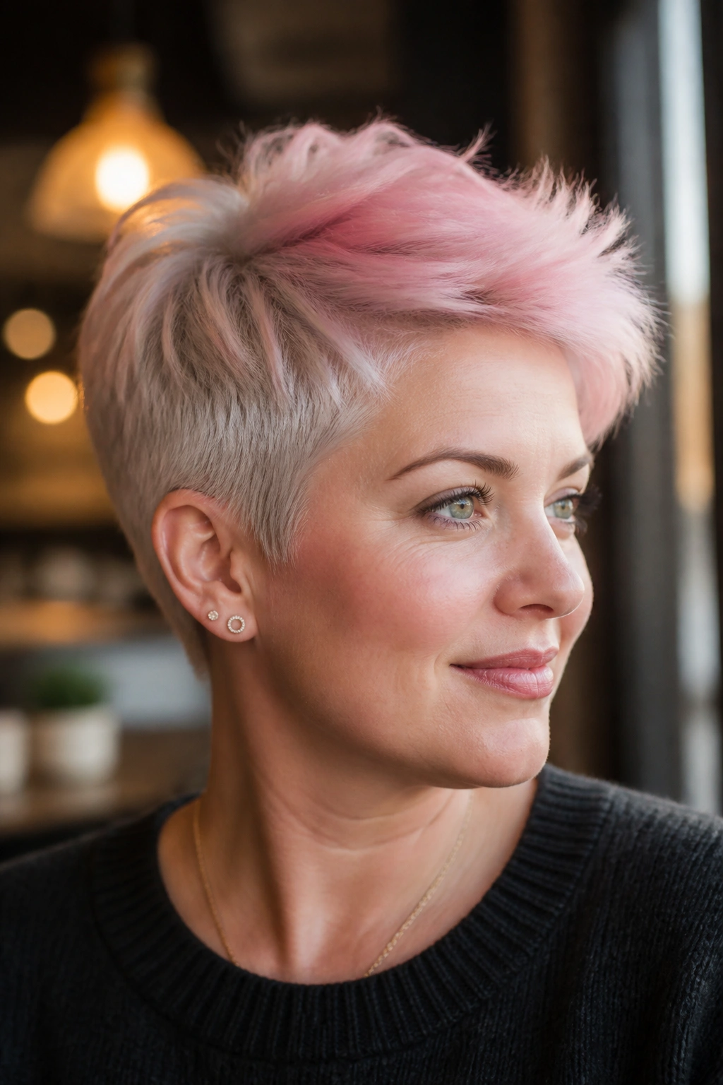 Close-up of a real person with platinum pixie and pink crown tint