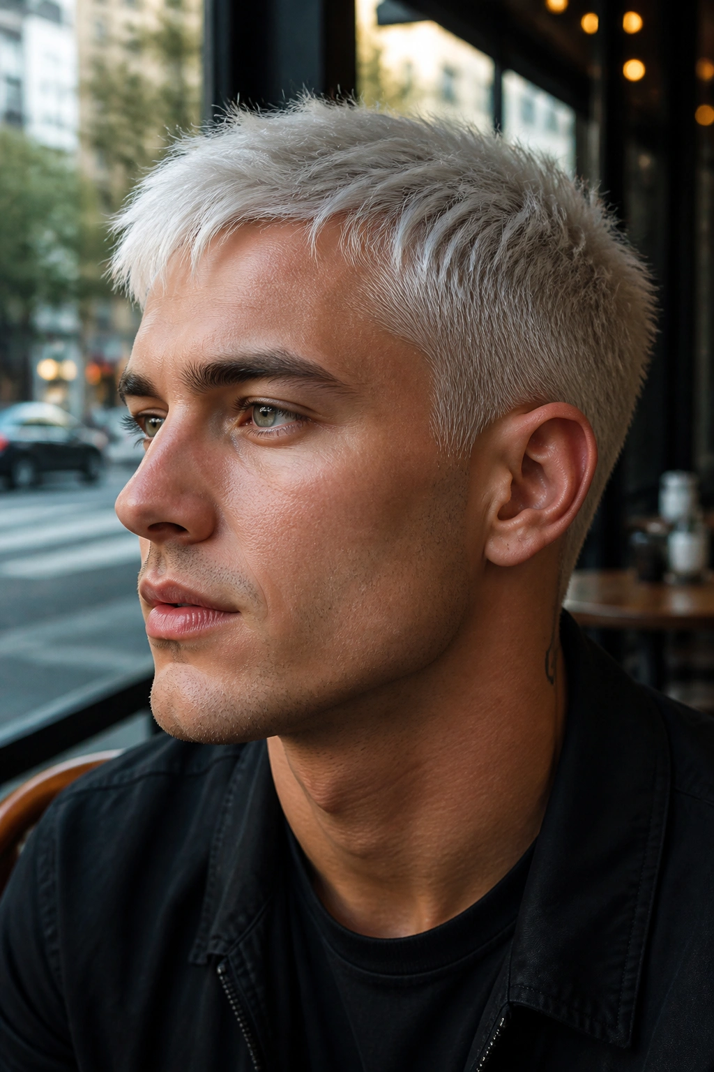 Platinum pixie close-up portrait with crisp sides and textured top on a real man in a cafe