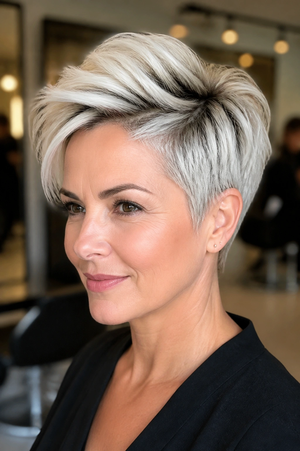 Close-up of a real woman with rooted platinum pixie and longer top layers